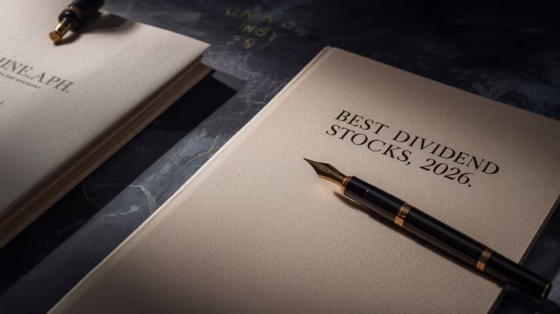 Cover image for an article titled “Best Dividend Stocks 2026,” featuring cream-colored paper on a dark marble surface with a black-and-gold fountain pen.