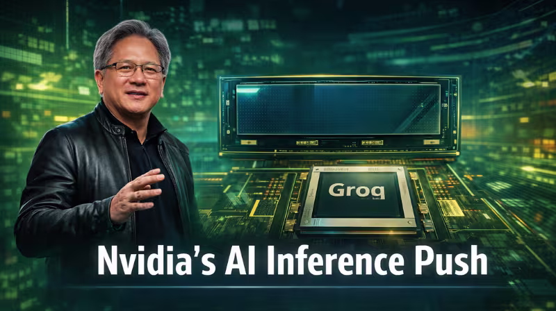 Explore Nvidia’s revolutionary AI inference chips boosting performance 350x, powering AI factories, and reshaping the trillion-dollar AI hardware market by 2027. Nvidia CEO Jensen Huang alongside a stylized Vera Rubin AI chip and Groq accelerator, representing the company’s push into AI inference technology.