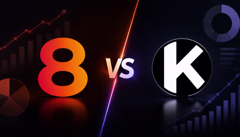 Dark mode cover image showing the 8FIGURES and Kubera logos in a side-by-side comparison layout with a glowing “VS” between them and subtle fintech data visuals in the background.