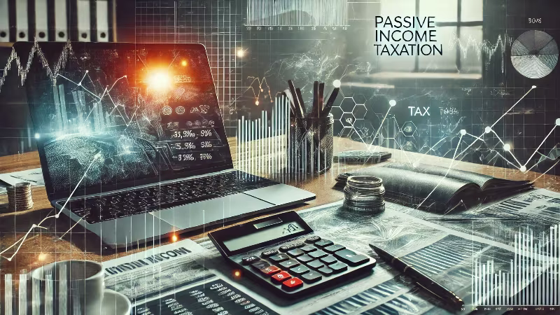 Illustration of a passive-income portfolio: a relaxed investor in a hammock receiving dividend, rental and interest cash-flow streams, with tax-form icons stacked beside a growth chart.