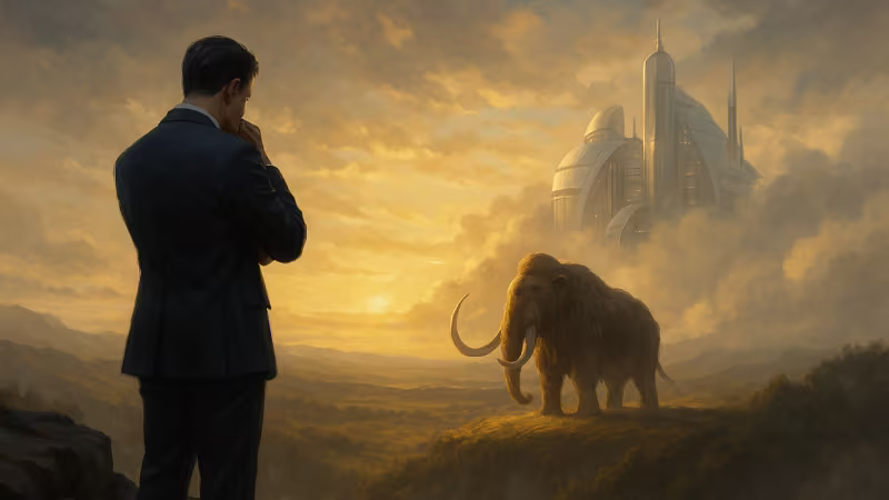 A man in a suit stands on a cliff, looking contemplatively at a woolly mammoth in a misty, expansive landscape with a futuristic city in the clouds and a setting sun.