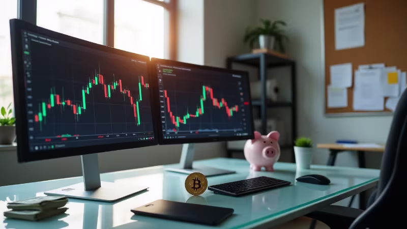 Investment risk-reward spectrum illustration showing low-risk bonds to high-risk crypto assets with gradient arrow.