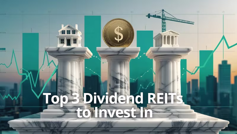 Top 3 Dividend REITs to invest in 2025, illustrated with marble pillars, real estate icons, and financial growth charts in the background