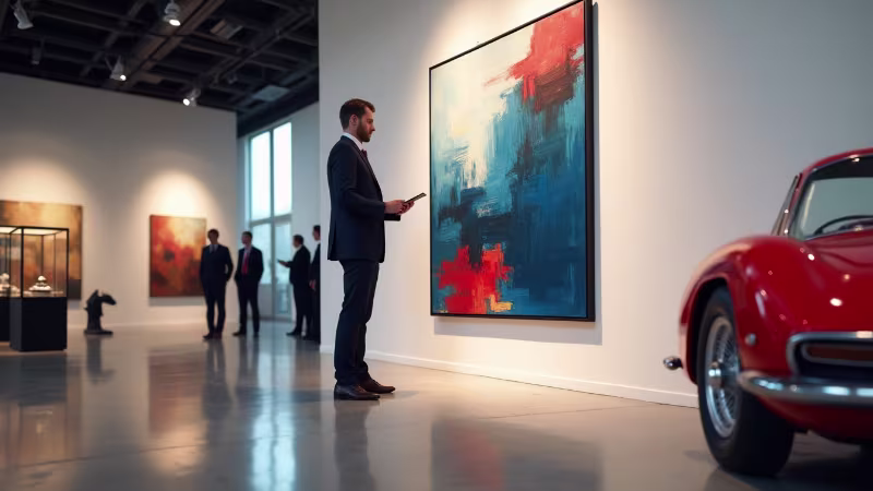 Illustration of art and collectibles investing: a framed painting, vintage wine bottle, classic watch and rare coin on a marble pedestal with a rising auction-price chart in the background.