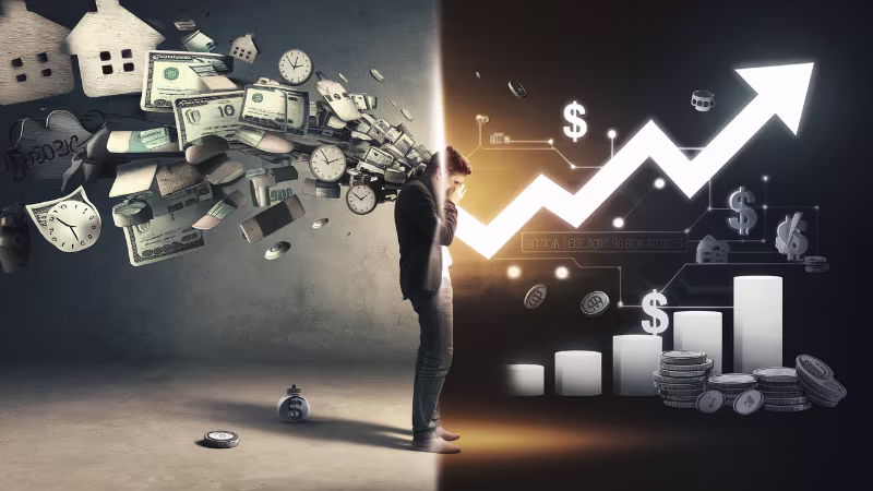 Illustration of an investor calmly reviewing a portfolio chart with a meditative posture, symbolizing breaking free from financial anxiety through smart, steady investing.
