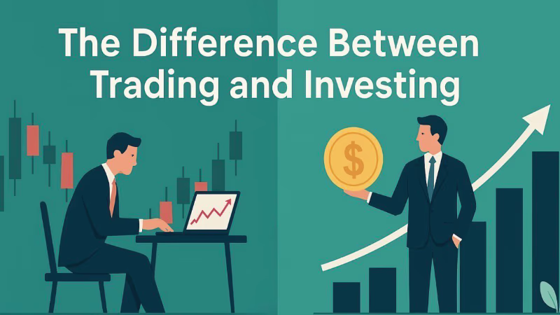 Illustration showing the difference between trading and investing, with a person on a laptop and another with a coin before a rising chart
