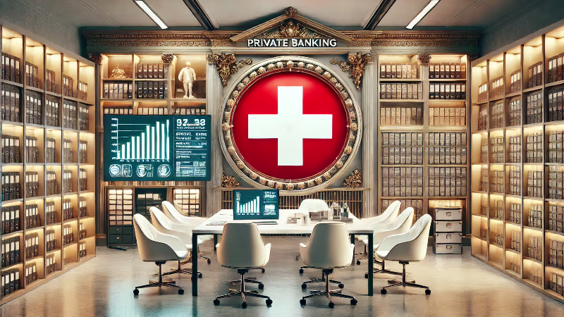 Illustration of a Swiss bank vault with the Swiss flag and a banker handing over a closed account folder, set against the Alps and a Geneva skyline backdrop.