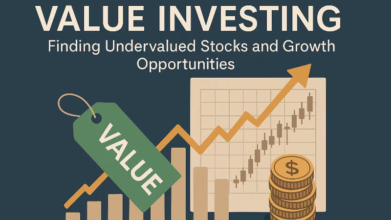 An illustration of value investing, showing a rising stock chart, a stack of coins, and a tag labeled "VALUE.