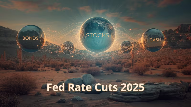Explore how the 2025 Fed rate cuts impact bonds, stocks, real estate, and cash, and learn smart strategies to position your portfolio in a lower-rate environment. Surreal desert scene with glowing planets labeled Bonds, Stocks, Cash, REITs, and Crypto, symbolizing the impact of 2025 Fed rate cuts on different asset classes.
