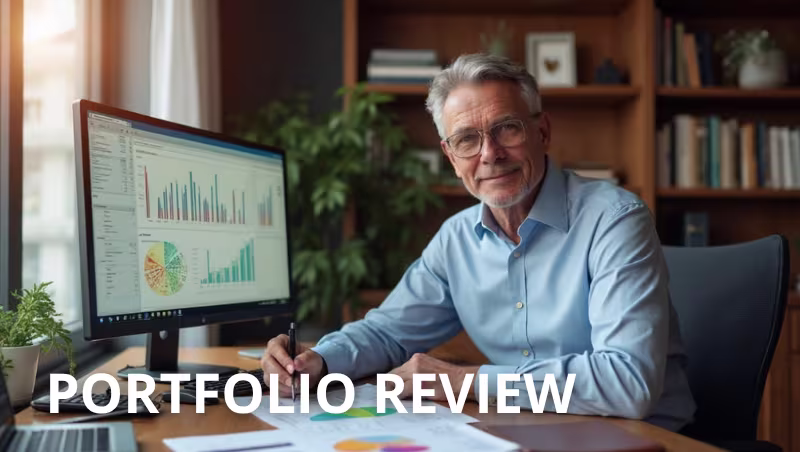 Investor reviewing portfolio performance on laptop with charts and graphs, illustrating the importance of regular investment portfolio reviews and asset allocation