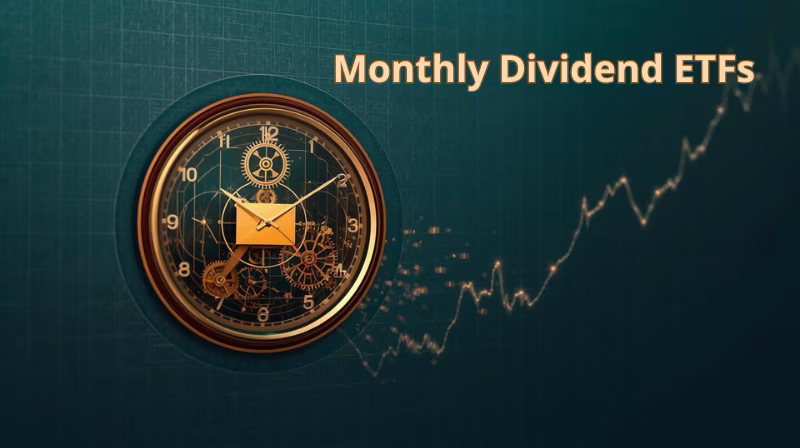 Monthly dividend ETFs provide steady income, diversification, and growth potential. Learn risks, top funds for 2025, and how to balance yield with long-term stability. Monthly dividend ETFs cover: skeleton clock with gears and a golden envelope at twelve beside a rising chart, symbolizing steady monthly income.