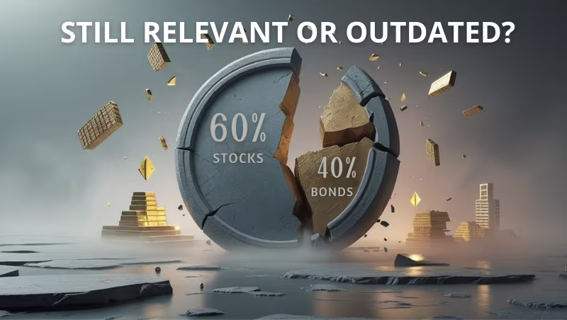 Is the 60/40 portfolio still relevant in 2025? Discover why it's under pressure, what’s changed since 2020, and how investors can adapt with smarter diversification. Cracked stone pie chart labeled "60% Stocks" and "40% Bonds" breaking apart in a surreal financial landscape with gold bars and buildings in the background, symbolizing the decline of the traditional 60/40 investment portfolio strategy. Overlay text reads "Still Relevant or Outdated?"