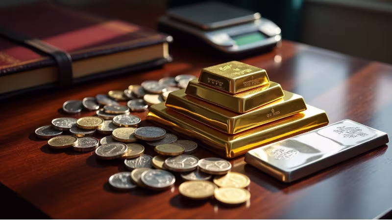 Illustration of precious metals investing: stacked gold and silver bars beside coins and a rising spot-price chart, with the headline 'Investing in Gold, Silver and More' over a dark blue backdrop.