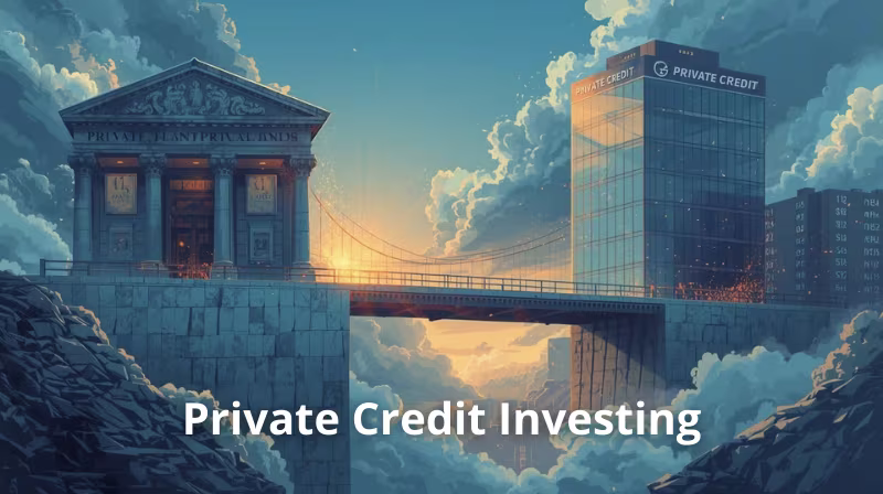 Private credit is booming in 2025 with 9–13% yields, floating-rate protection, and new access points. Learn risks, fees, and how it fits in a balanced portfolio. Illustration of a bridge connecting an old bank building to a modern private credit tower at sunrise, symbolizing the rise of private credit investing.