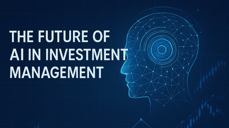 An illustration with the text 'THE FUTURE OF AI IN INVESTMENT MANAGEMENT' next to a side profile of a human head made of a glowing, interconnected network of lines and dots, symbolizing artificial intelligence.
