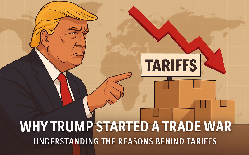 Trump trade war: understanding tariffs and global economic impact. Illustration with falling arrow and trade boxes.