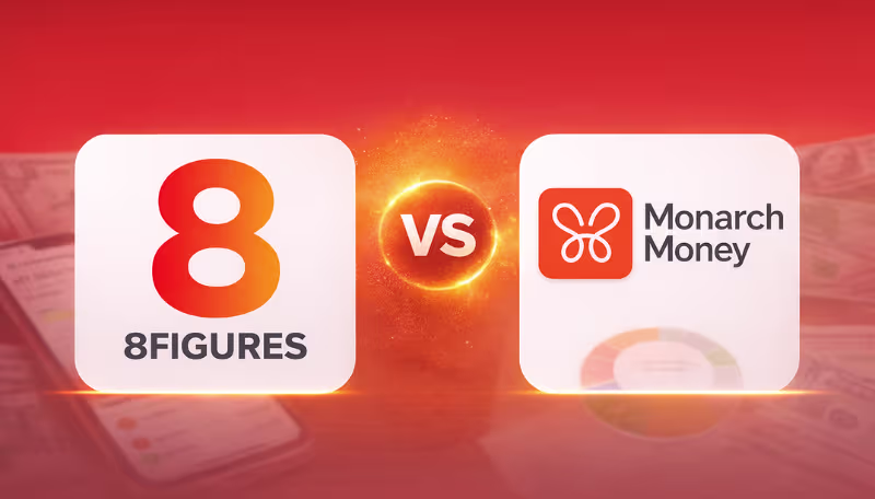 Compare 8FIGURES vs Monarch Money for investment tracking, alternative assets, portfolio insights, pricing, and budgeting to find the best fit. Cover image showing a side-by-side comparison between 8FIGURES and Monarch Money, with the 8FIGURES logo on the left, the Monarch Money logo on the right, and a glowing “VS” in the center over a warm orange financial-themed background.