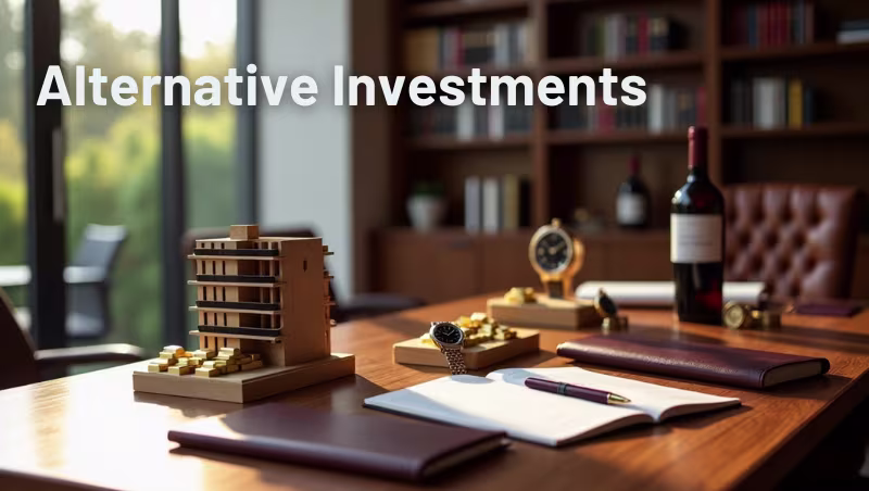 Explore top alternative investments in 2025—real estate, private equity, crypto, and more—for better diversification, inflation protection, and long-term portfolio growth. Alternative investments concept with real estate, gold, watches, and wine on desk, symbolizing portfolio diversification.
