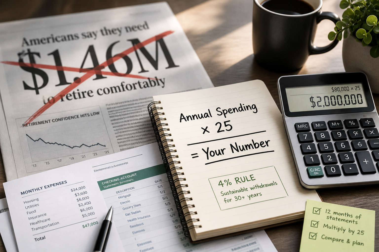 Most Americans say they need $1.46M to retire. That's a poll, not a plan. Here's the math that gives you your real FI number — in five minutes. Newspaper headline 'Americans need $1.46M to retire' crossed out beside the FI formula in a notebook.