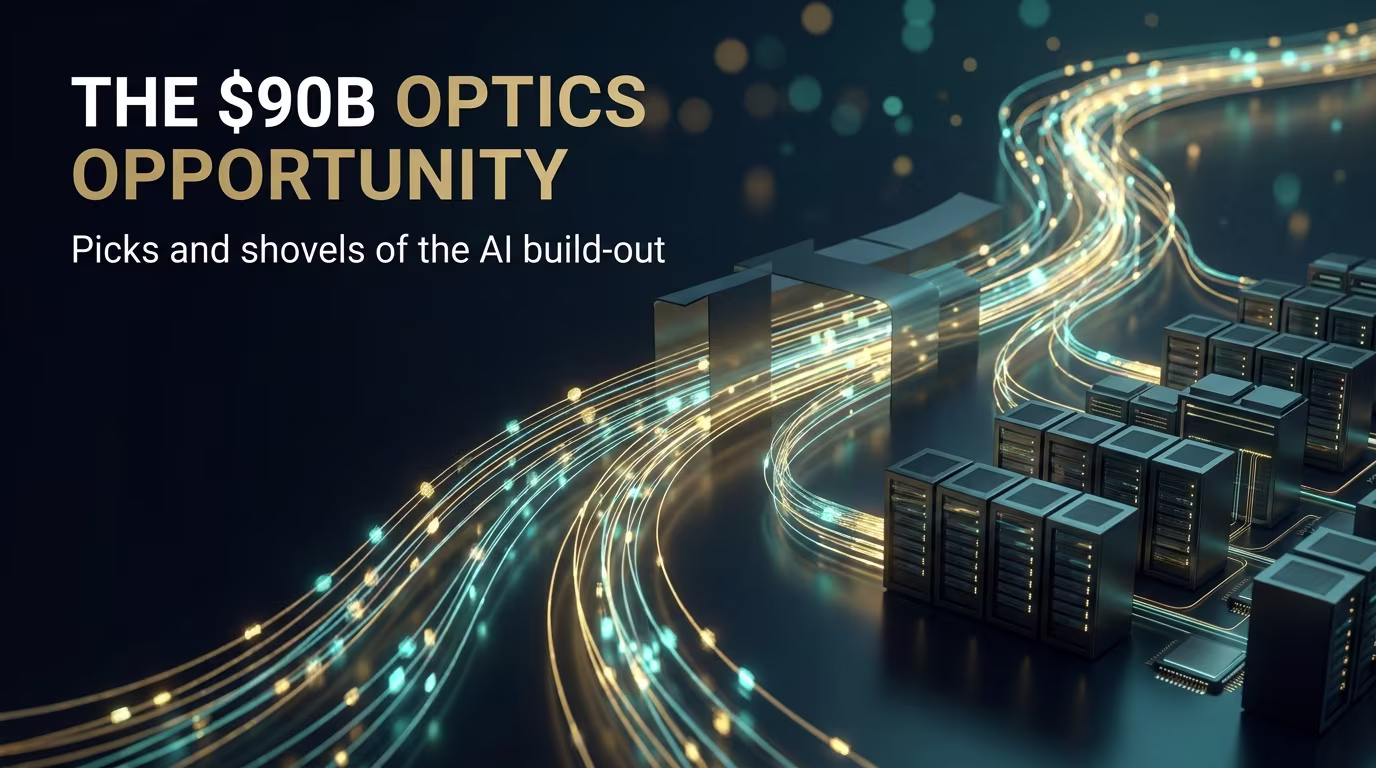Glowing fiber-optic light streams flowing into AI data-center server racks