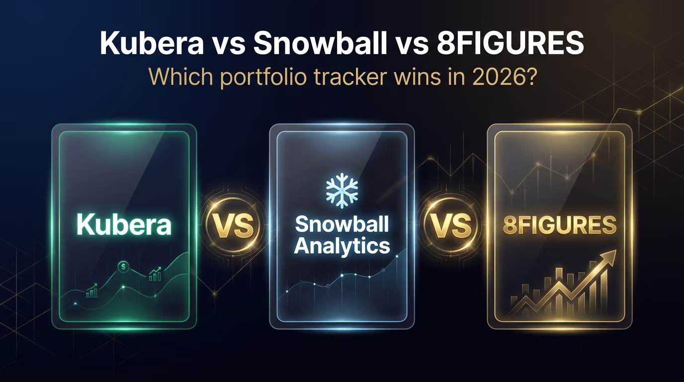 Dark fintech cover image comparing Kubera, Snowball Analytics, and 8FIGURES portfolio trackers side by side with glowing VS badges.