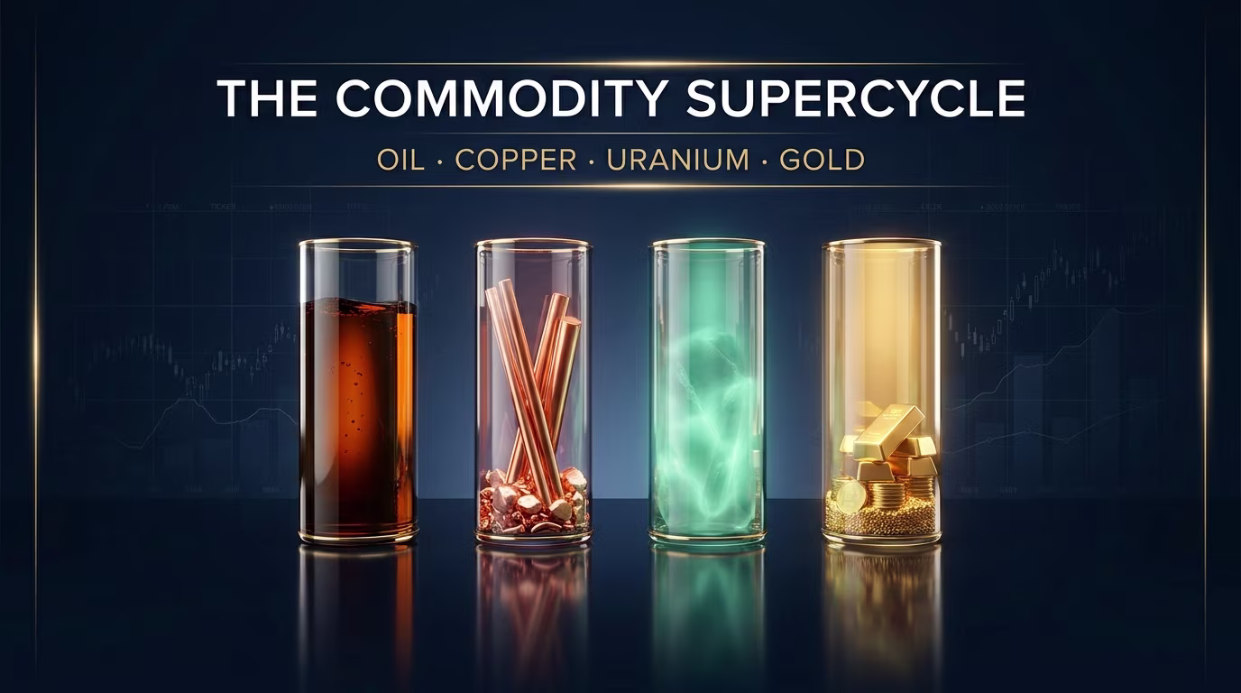 Four glass cylinders holding oil, copper, uranium, and gold on a deep navy background