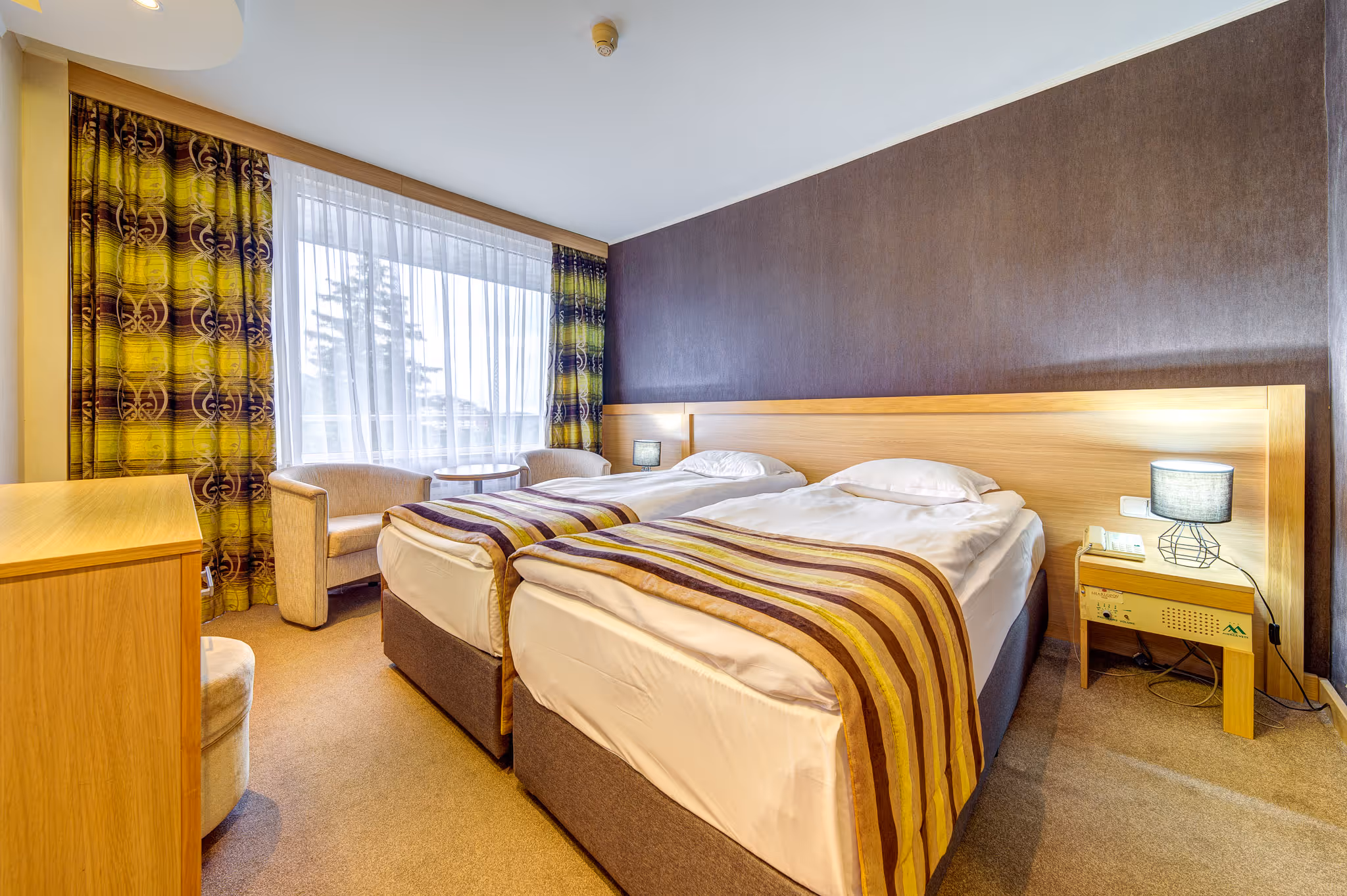 Двойна стая Стантадт в Гранд Хотел Мургавец с две отделни легла, самостоятелен балкон и спираща дъха гледка към Родопите.