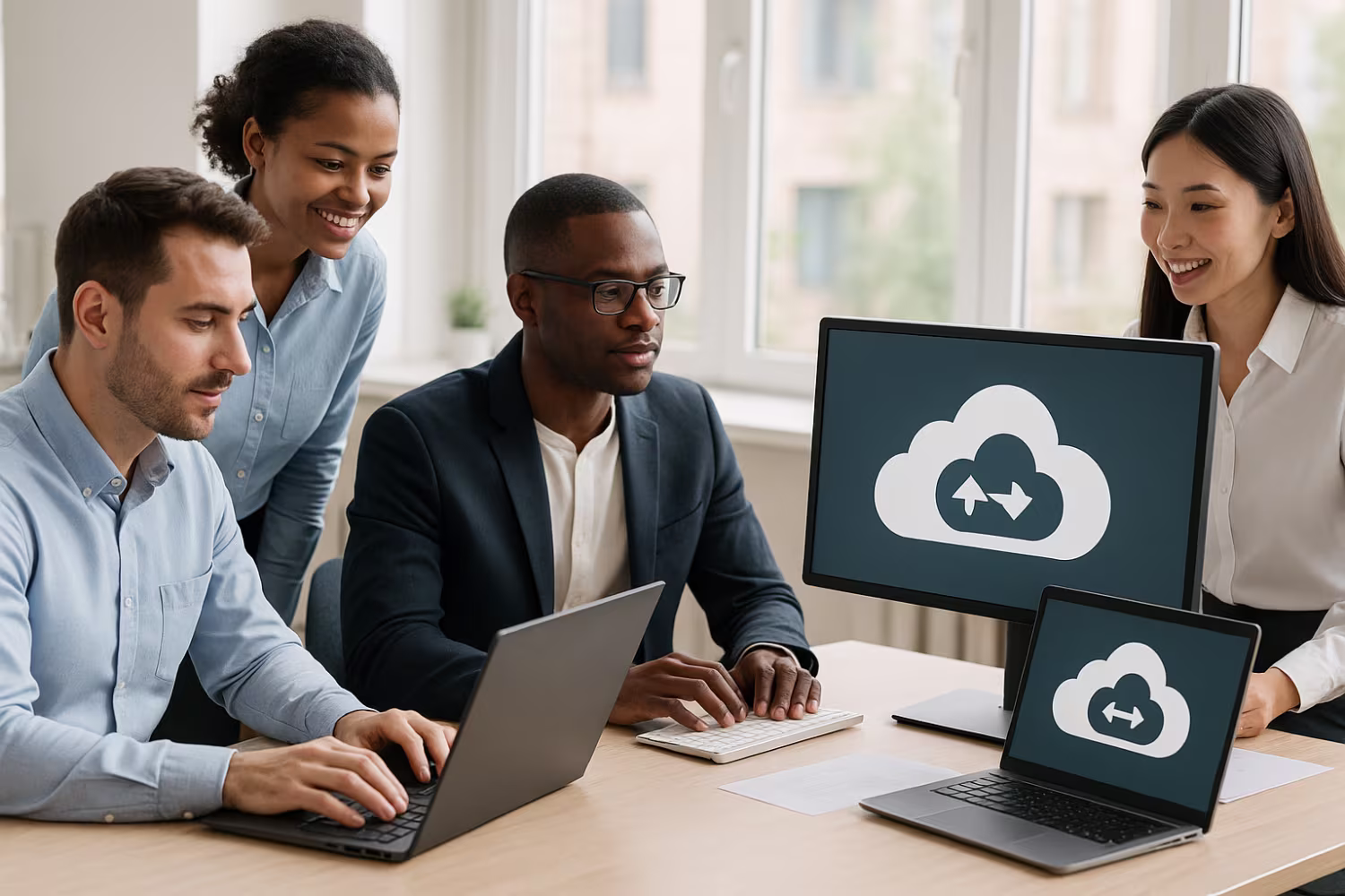 Diverse team collaborating on managed cloud IT services
