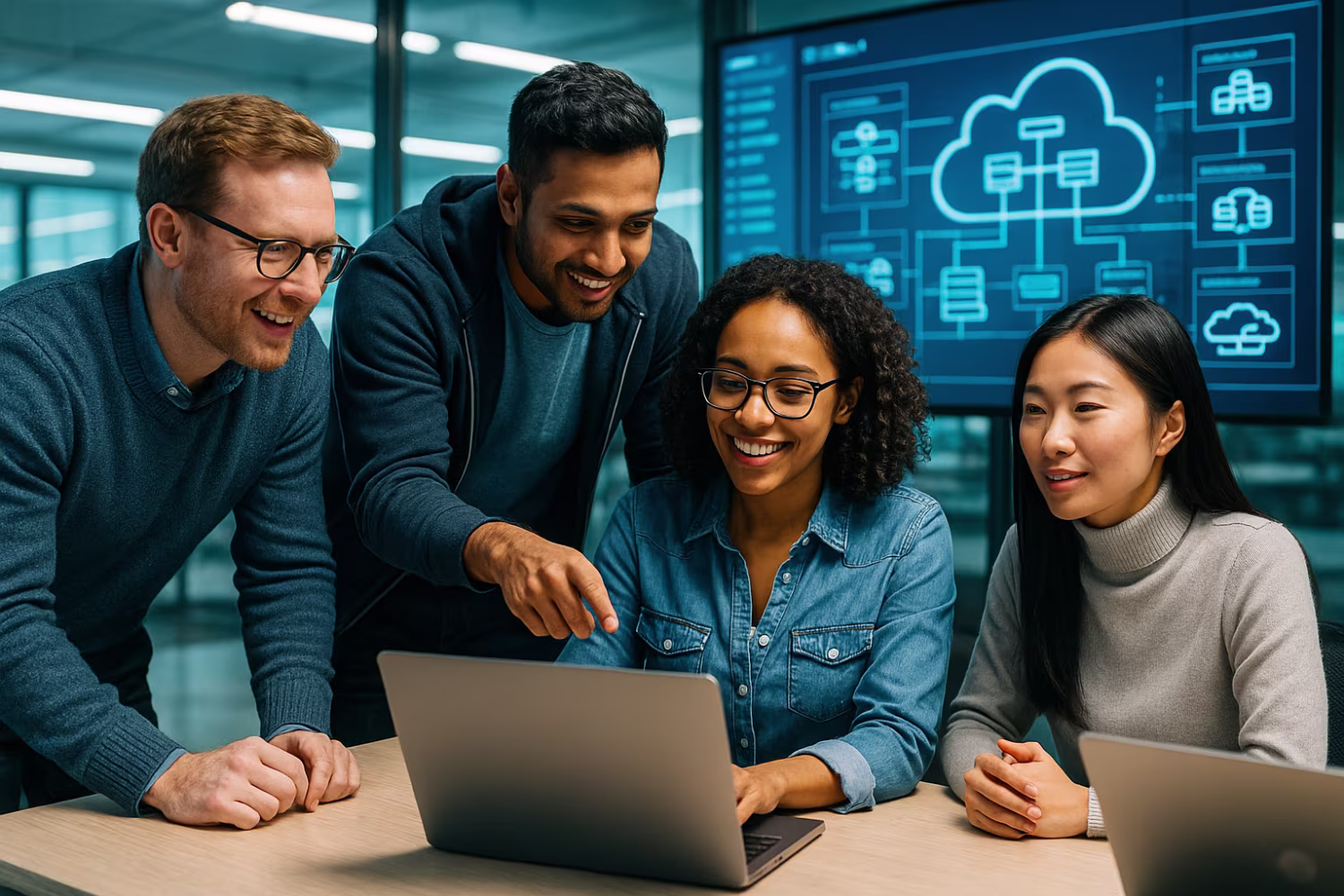 Diverse team discussing managed cloud IT services