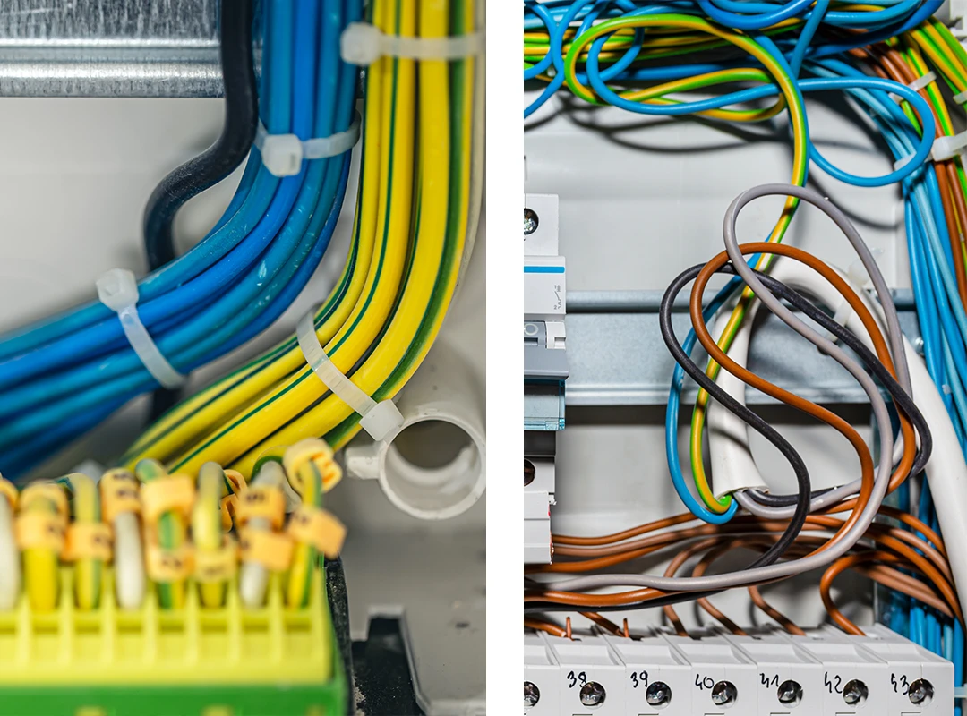 Unübersichtliches Elektroinstallations-Panel versus klar strukturierter Aufbau in Gummersbach zur besseren Wartung und Sicherheit.