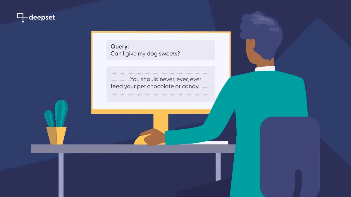 A person is sitting at a desk. In front of them is a screen that says "Query: Can I give my dogs sweets?" And the reply: "You should never, ever, ever feed your pet chocolate or candy"