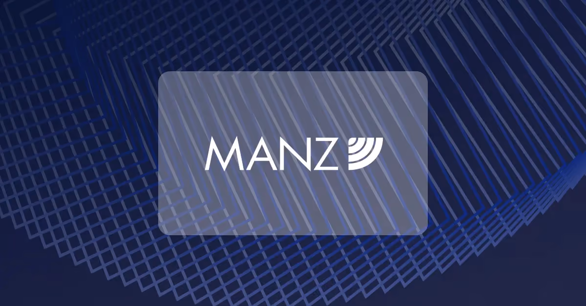 White MANZ logo with a stylized shield icon on a dark blue geometric background.