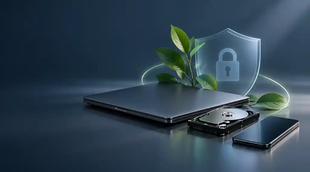 Laptop, Festplatte und Smartphone neben einem Schild mit Vorhängeschloss und einer grünen Pflanze