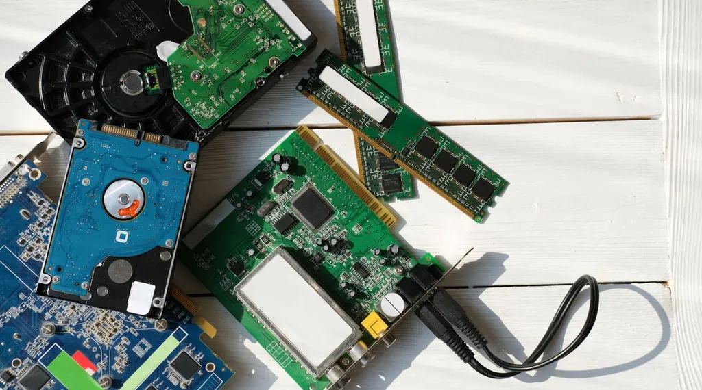 WEEE electronic waste – used circuit boards, a hard drive and computer components