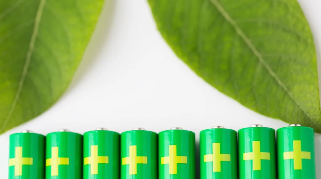 EU-Batterieverordnung – Batterien mit Recyclingsymbol und grüne Blätter
