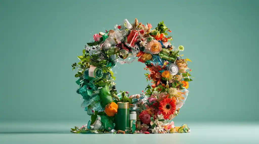 Kreis aus Flaschen, Dosen und Blumen als Symbol für Recycling und Kreislaufwirtschaft