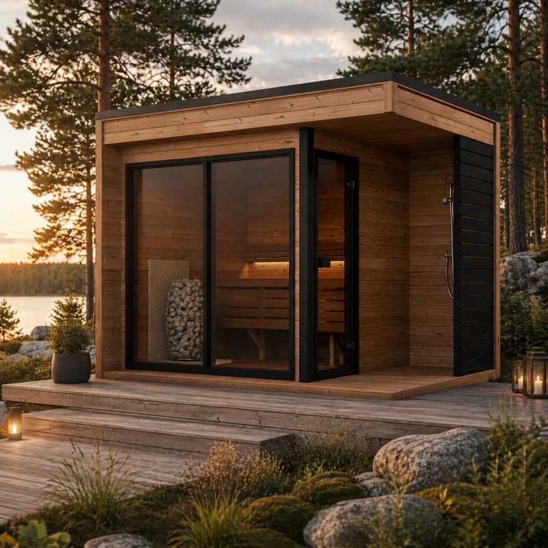 Sauna The Birch installé sur une terrasse en bois