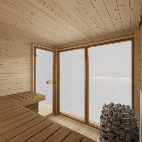 Intérieur du sauna The Birch, banquettes en L et façade vitrée
