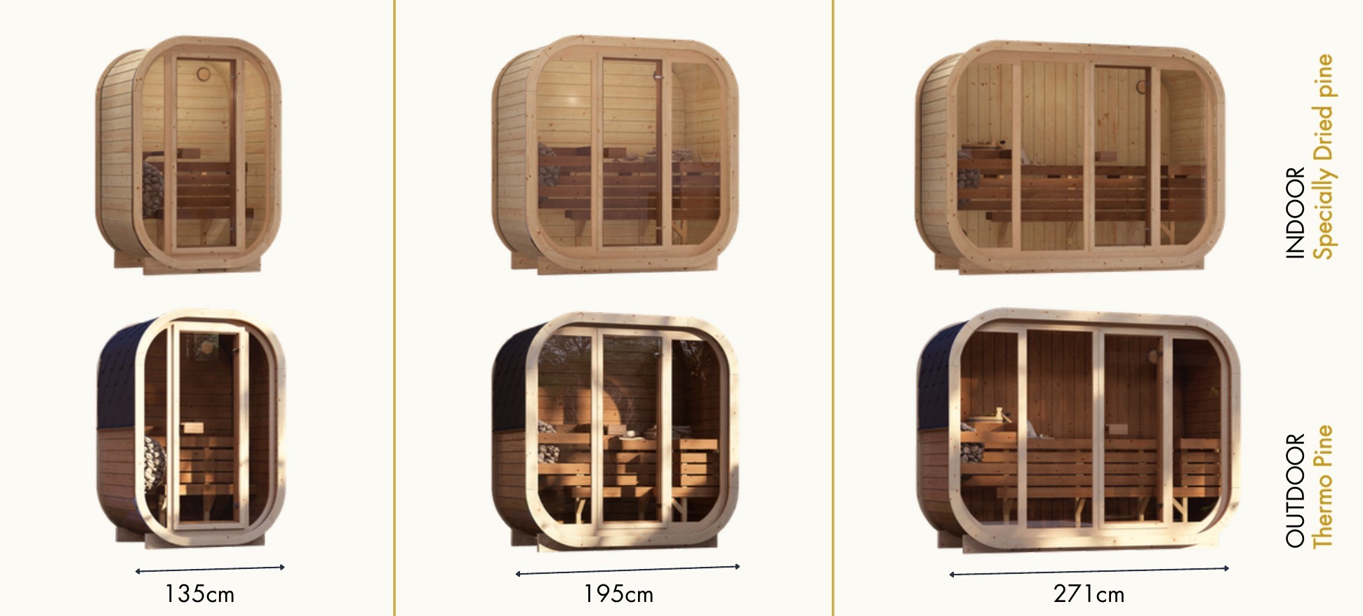 Les 3 largeurs du sauna Alko, versions intérieure et extérieure