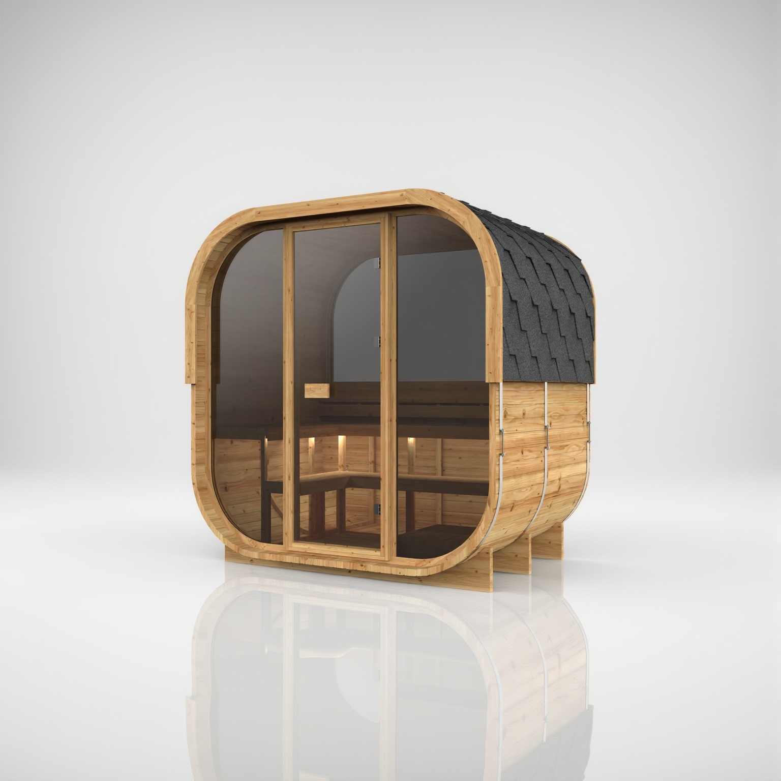 Sauna Cube bois avec fenêtre semi-panoramique à l'arrière