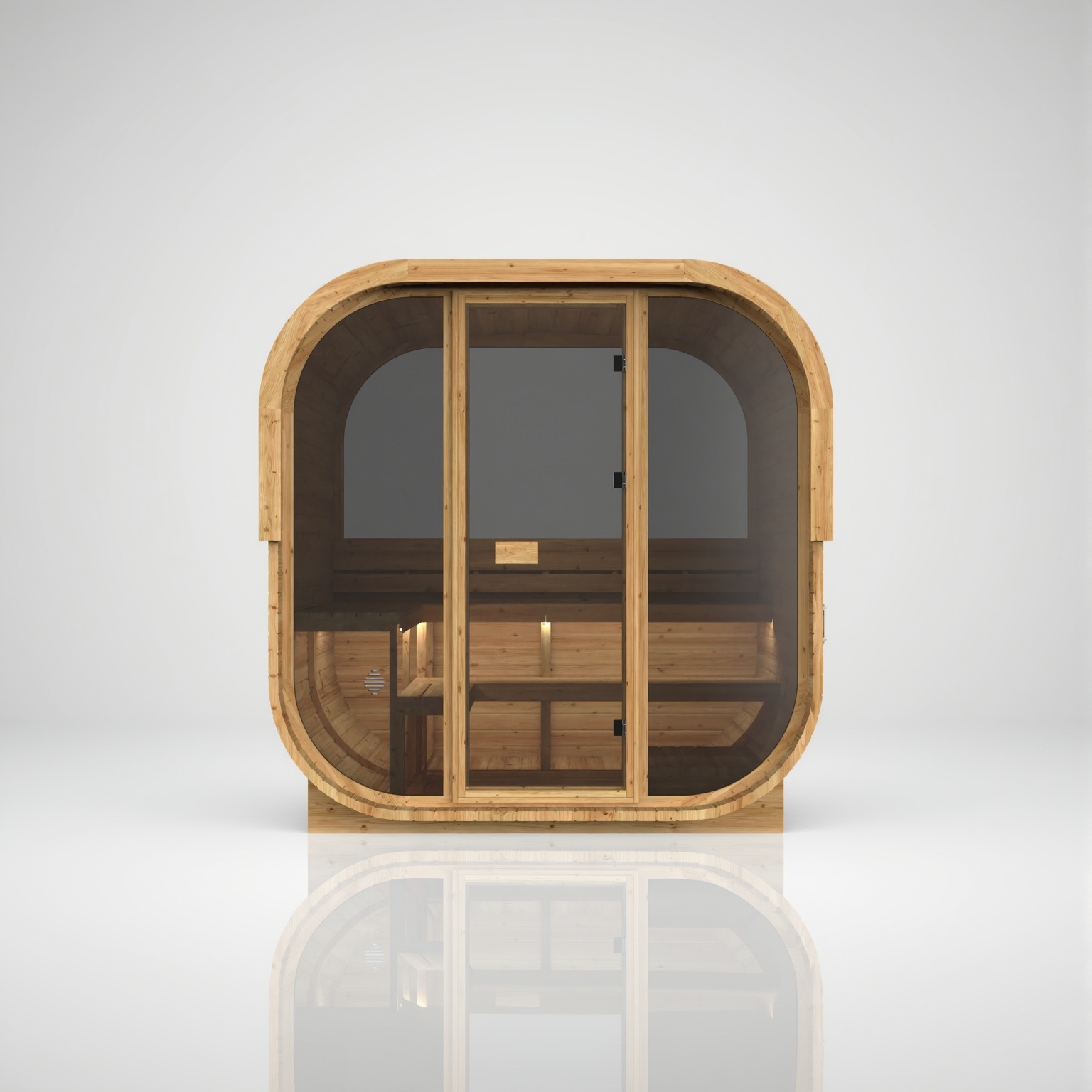 Sauna extérieur Cube finition bois naturel, vue de face