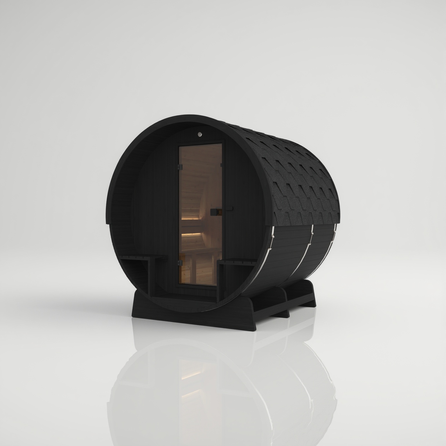 Sauna Barrel noir avec dossier entièrement en bois
