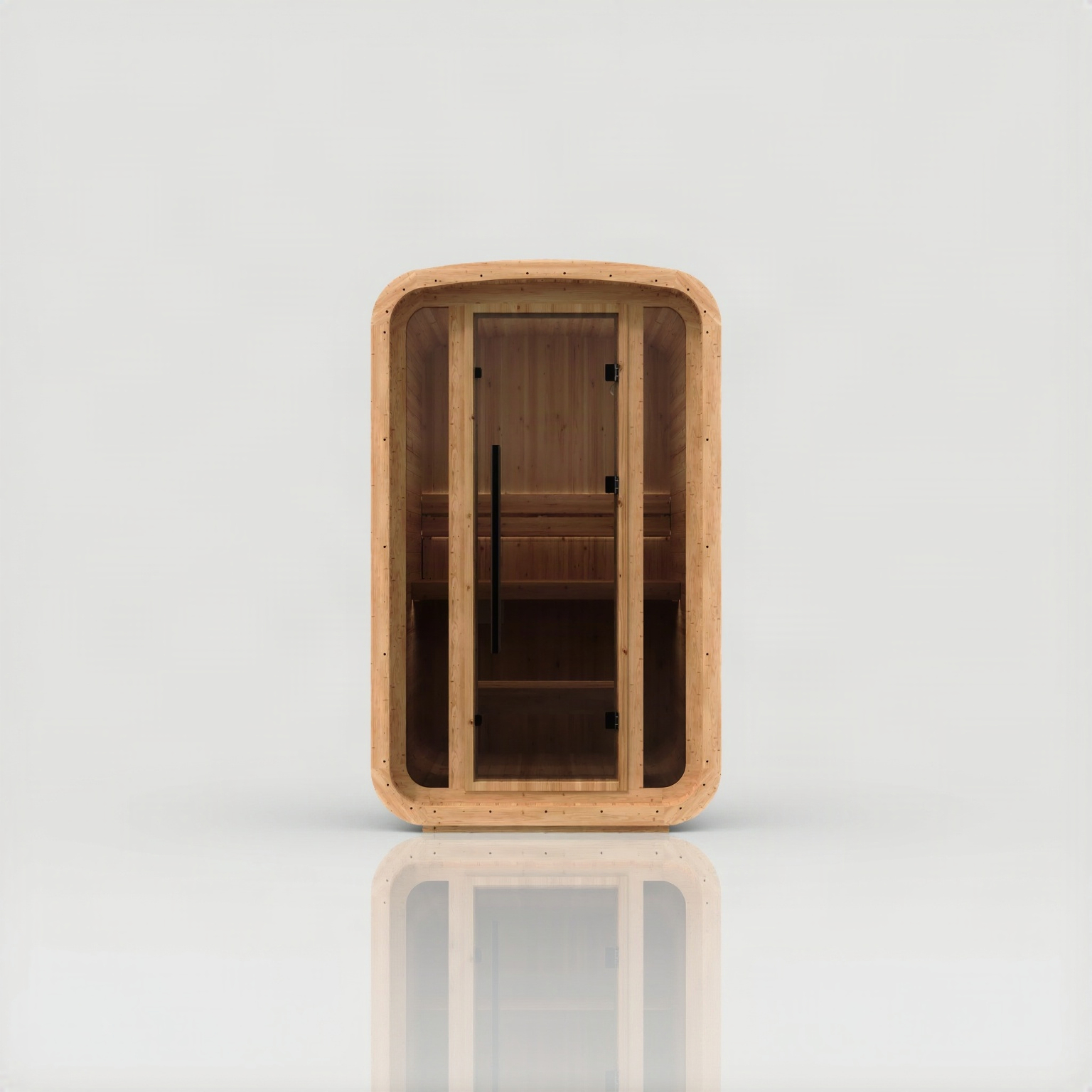 Sauna extérieur Mini Cube finition bois naturel, vue de face