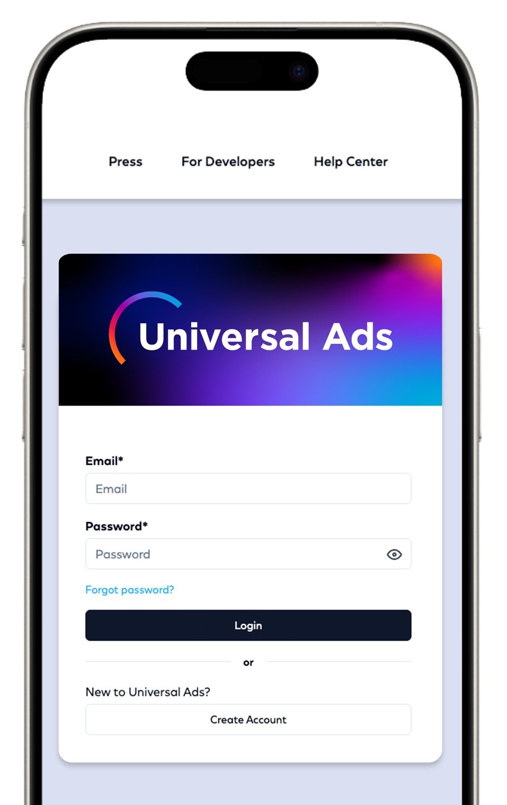 Mobile login screen for Universal Ads showing email and password fields, login button, and account creation link.