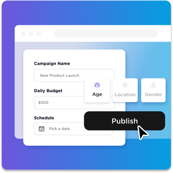 Interface for launching a campaign with fields for name, budget, schedule, and targeting options, plus Publish button.