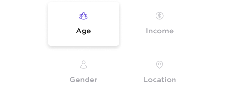 Ad set options showing four buttons: Age (highlighted), Income, Gender, and Location.