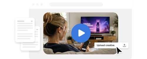 Woman holding phone watching video ad on TV, with upload button and text document icons.