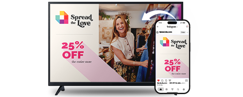 TV and smartphone showing Spread the Love 25% off storewide offer with smiling woman opening closet.