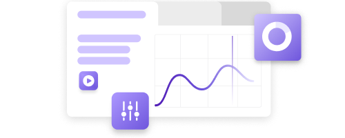 Stylized dashboard with a purple line graph and three purple icons around it on a white background.