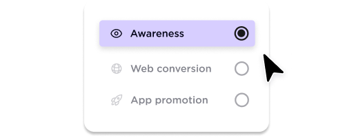 Selection menu with Awareness chosen, options for Web conversion and App promotion unchecked.